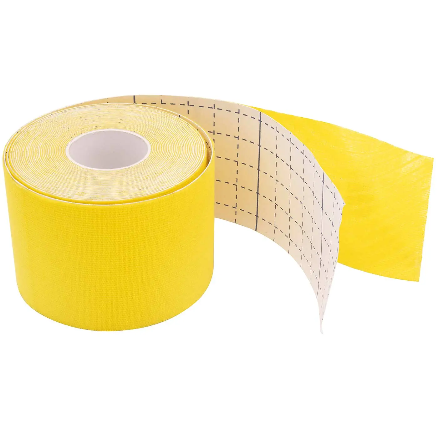 Rollo de cinta kinesiológica terapéutica color amarillo para lesiones, con guía de corte en papel protector.