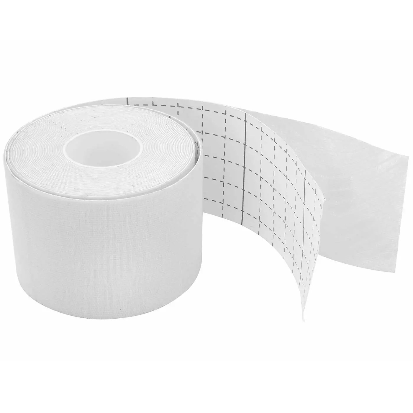 Rollo de cinta kinesiológica blanca para terapia de lesiones, con líneas guía en cuadrícula para fácil corte y aplicación.