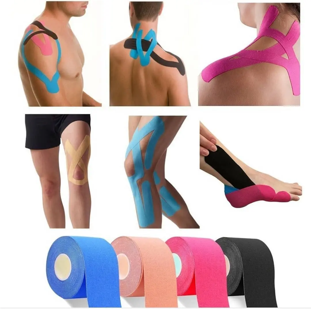 Cinta kinesiológica terapéutica para lesión: aplicación en hombro, cuello, pierna, rodilla y pie.