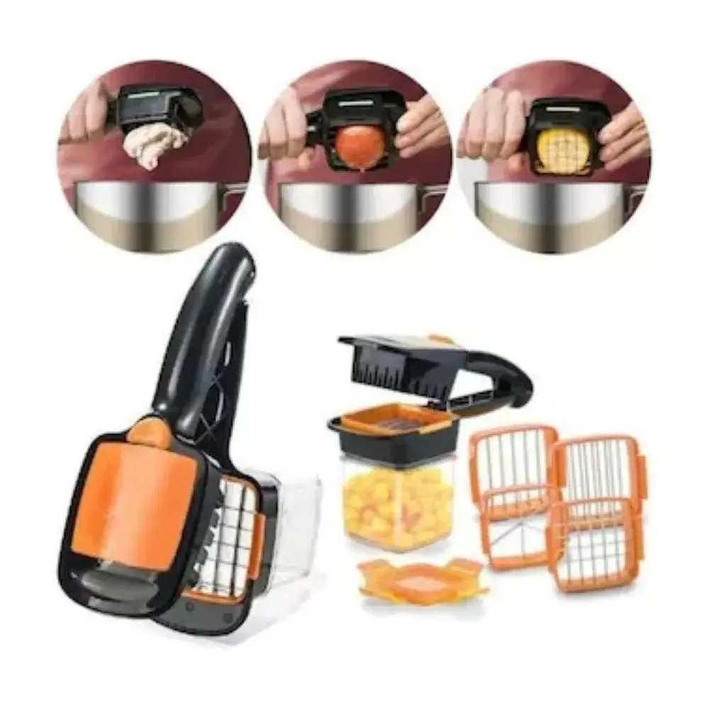 Picador 5 en 1: tritura, corta en cubos y en rodajas alimentos, con accesorios intercambiables.