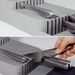 Organizador de cuchillos de cocina con ranuras verticales, mango de acero inoxidable con puntos.