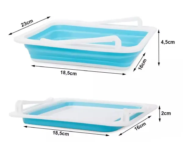 Bandeja organizadora para nevera plegable, 23x18.5x4.5cm, azul y blanca.