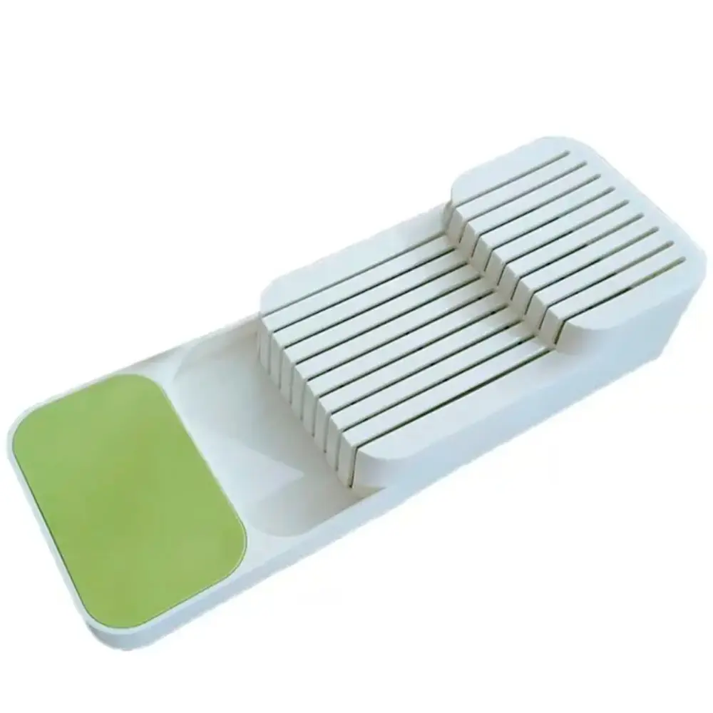Organizador de cuchillos blanco con ranuras escalonadas y base verde, para cajón.