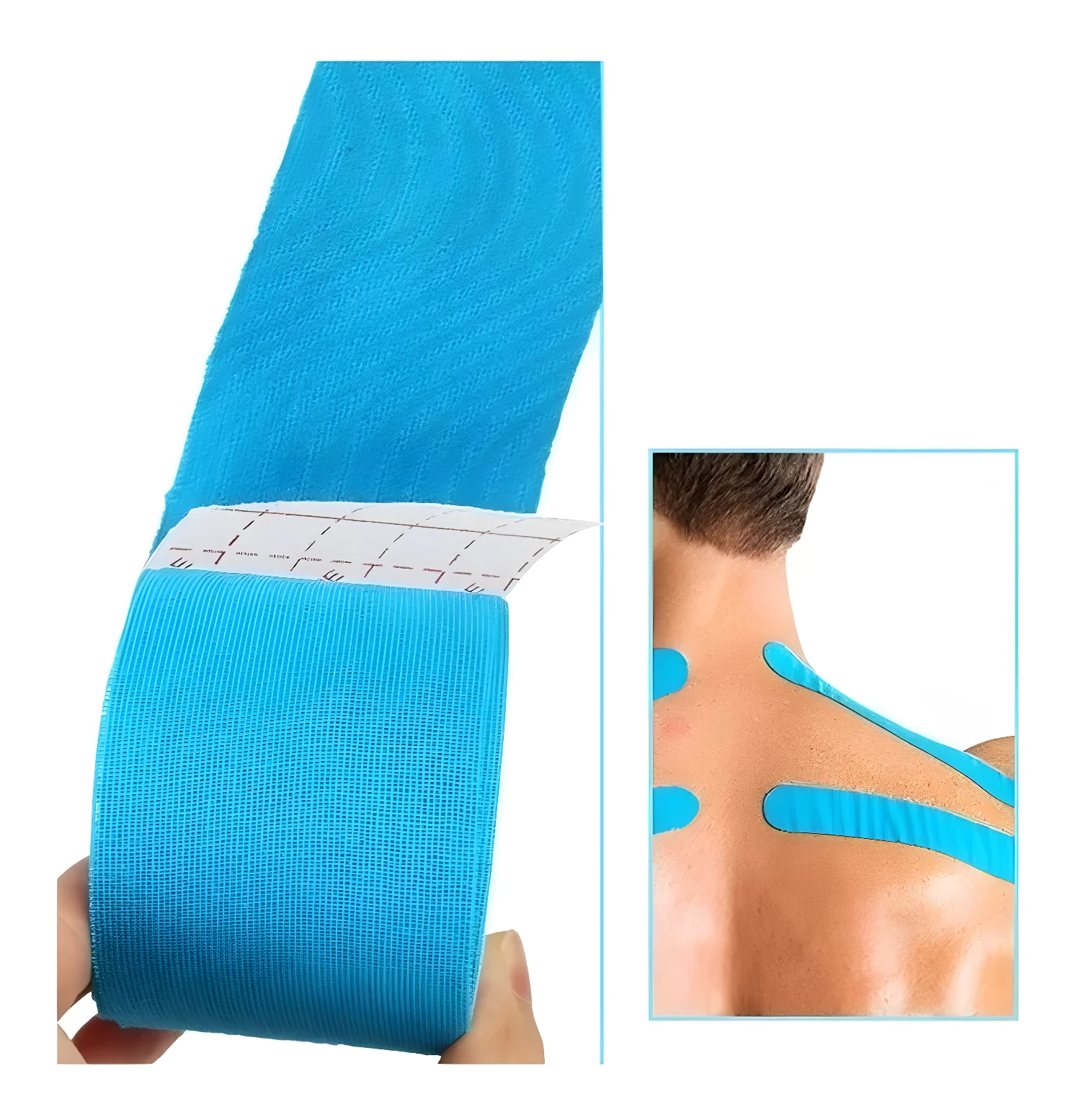 Cinta kinesiológica azul terapéutica para lesiones, vista de cerca y aplicación en hombro.
