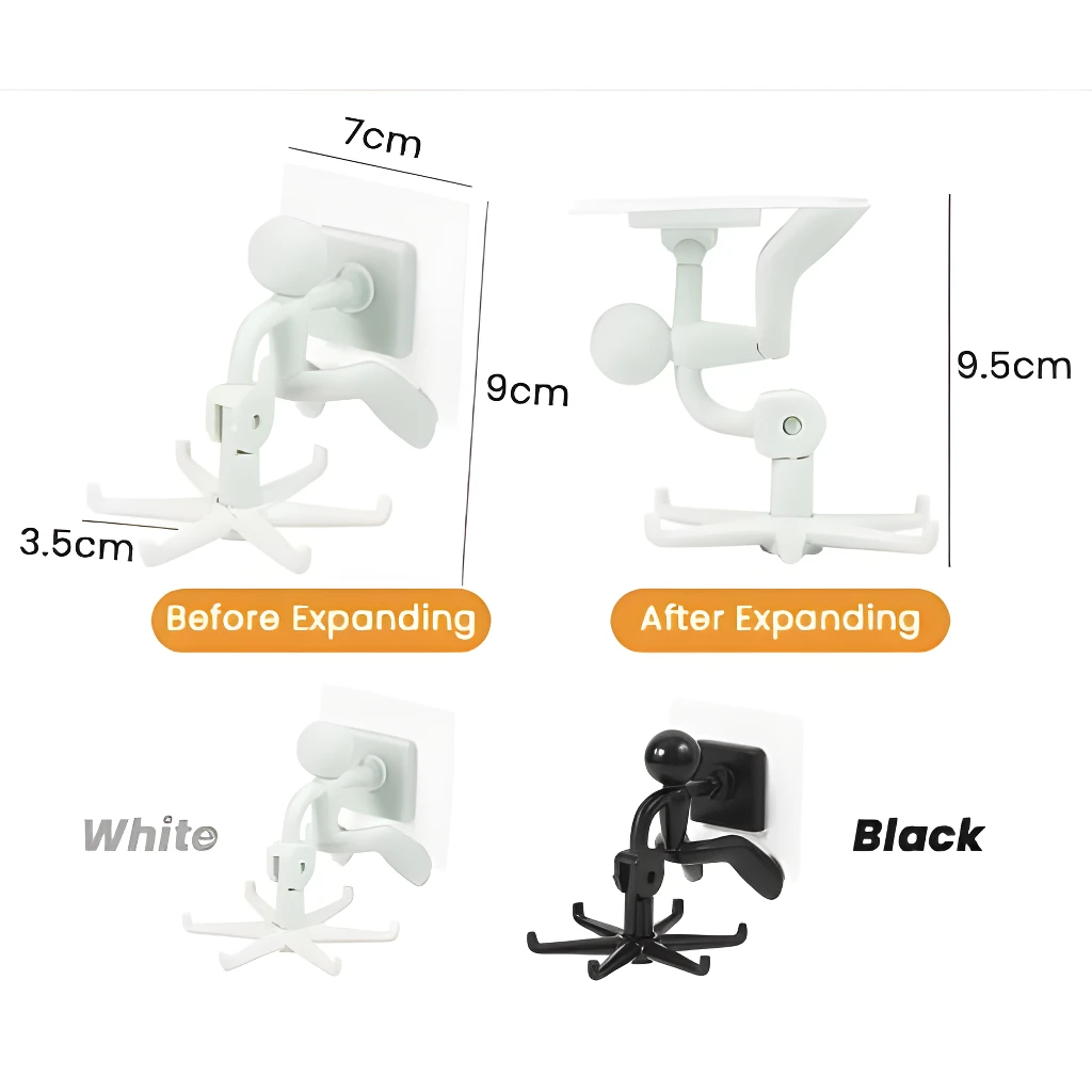 Gancho giratorio multiusos cabeza blanco y negro para colgar objetos, se expande.