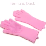 Guantes mágicos rosados de silicona: frontal y trasero, ideales para limpieza.