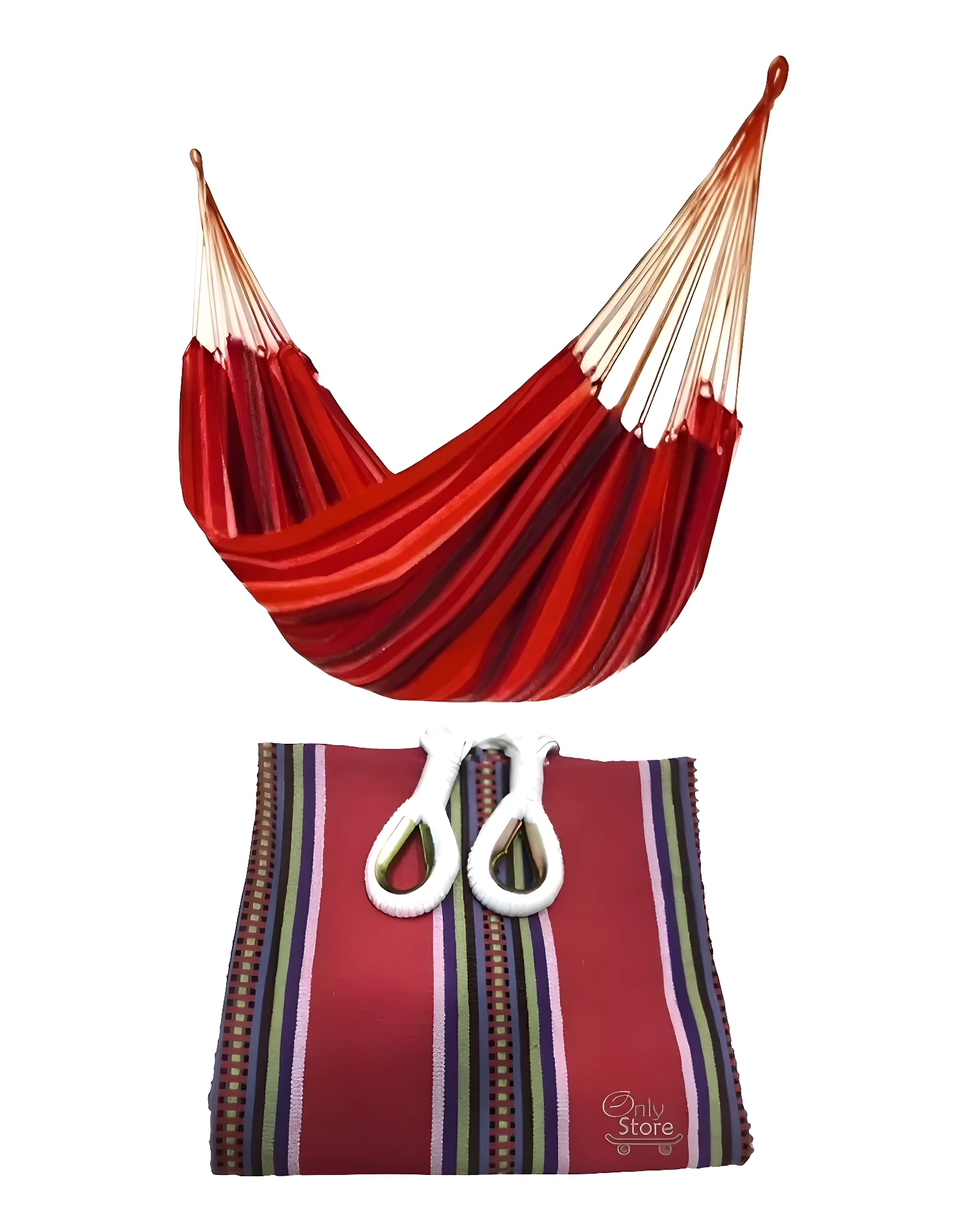 Hamaca de líneas múltiples en colores rojo y café, con bolsa de tela a juego.