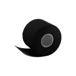 Rollo de cinta kinesiológica terapéutica negra para lesiones, vista frontal, banda para soporte muscular.