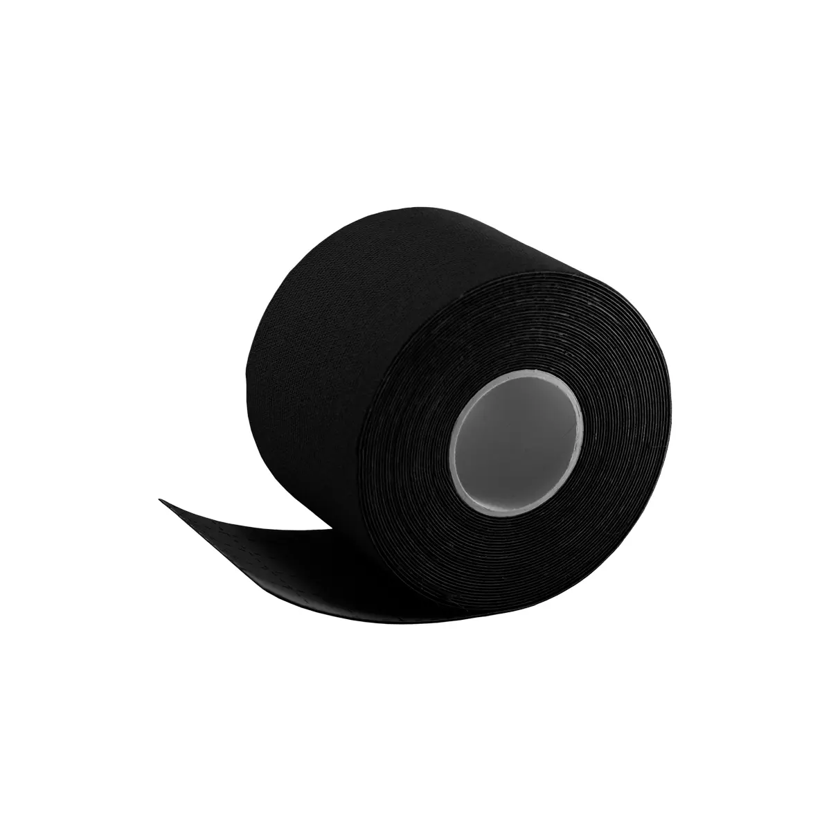 Rollo de cinta kinesiológica terapéutica negra para lesiones, vista frontal, banda para soporte muscular.