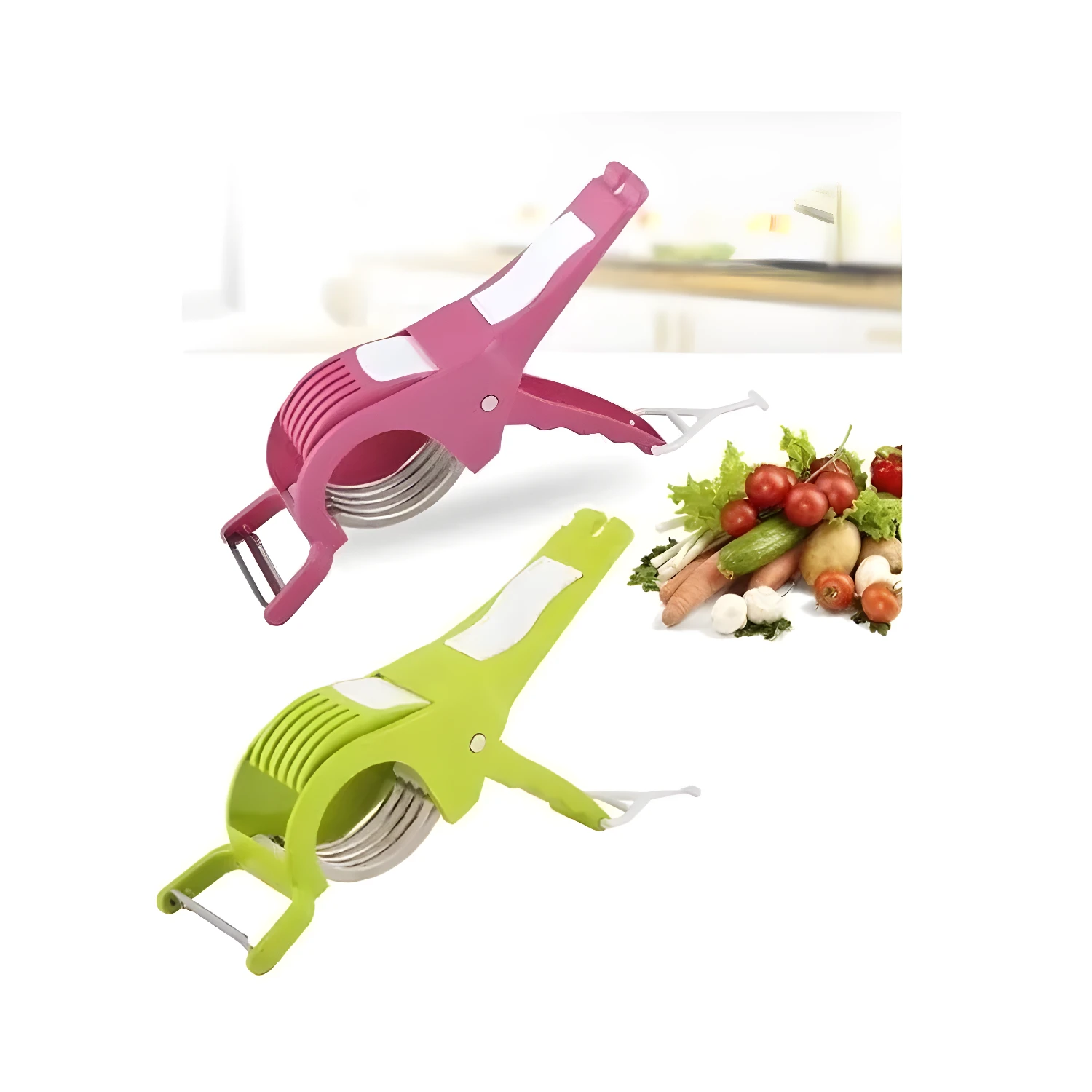 Multi cortador de vegetales mini rosa y verde con variedad de verduras frescas.