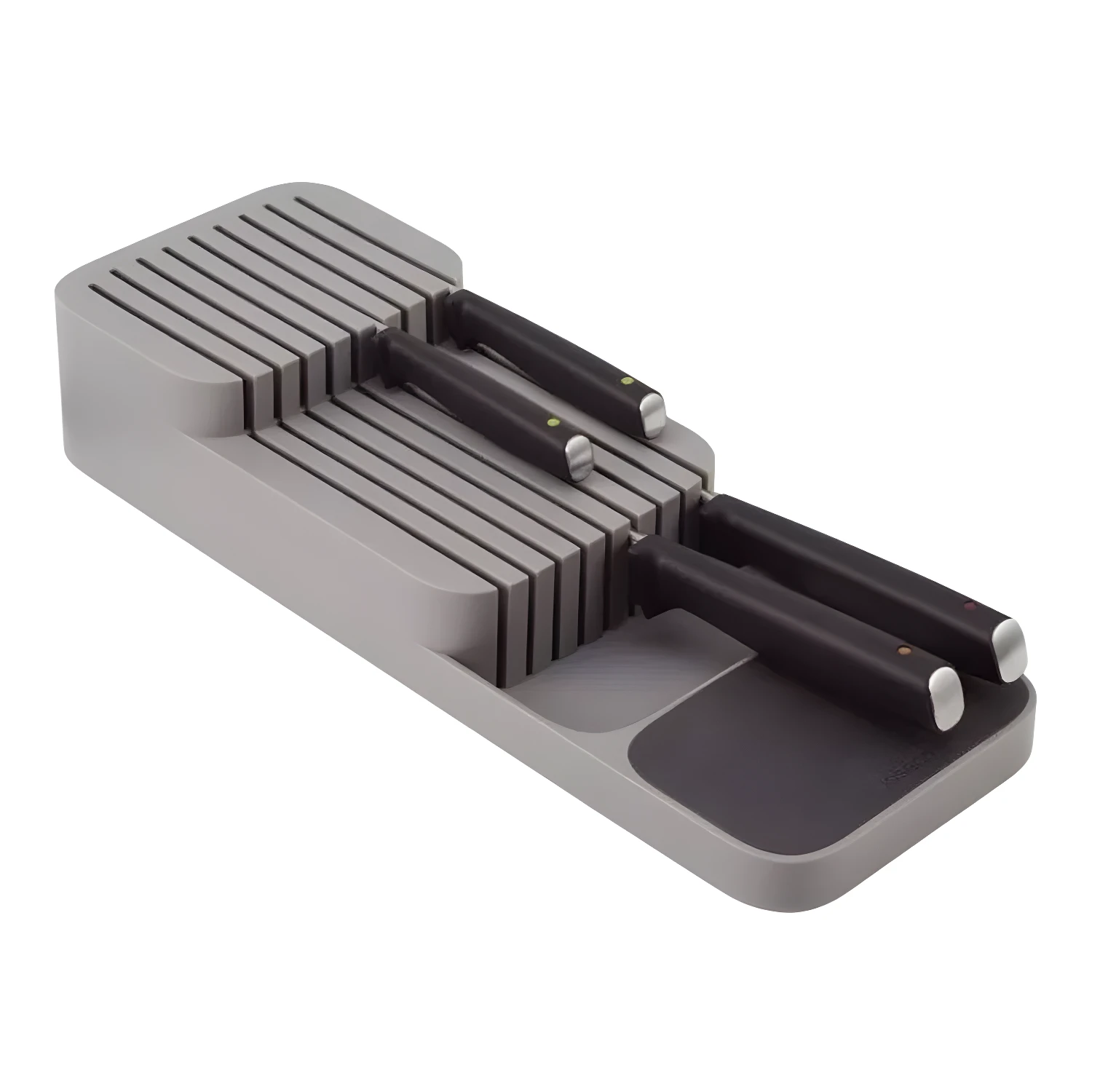 Organizador de cuchillos gris para cajón, con ranuras y espacio para mangos.