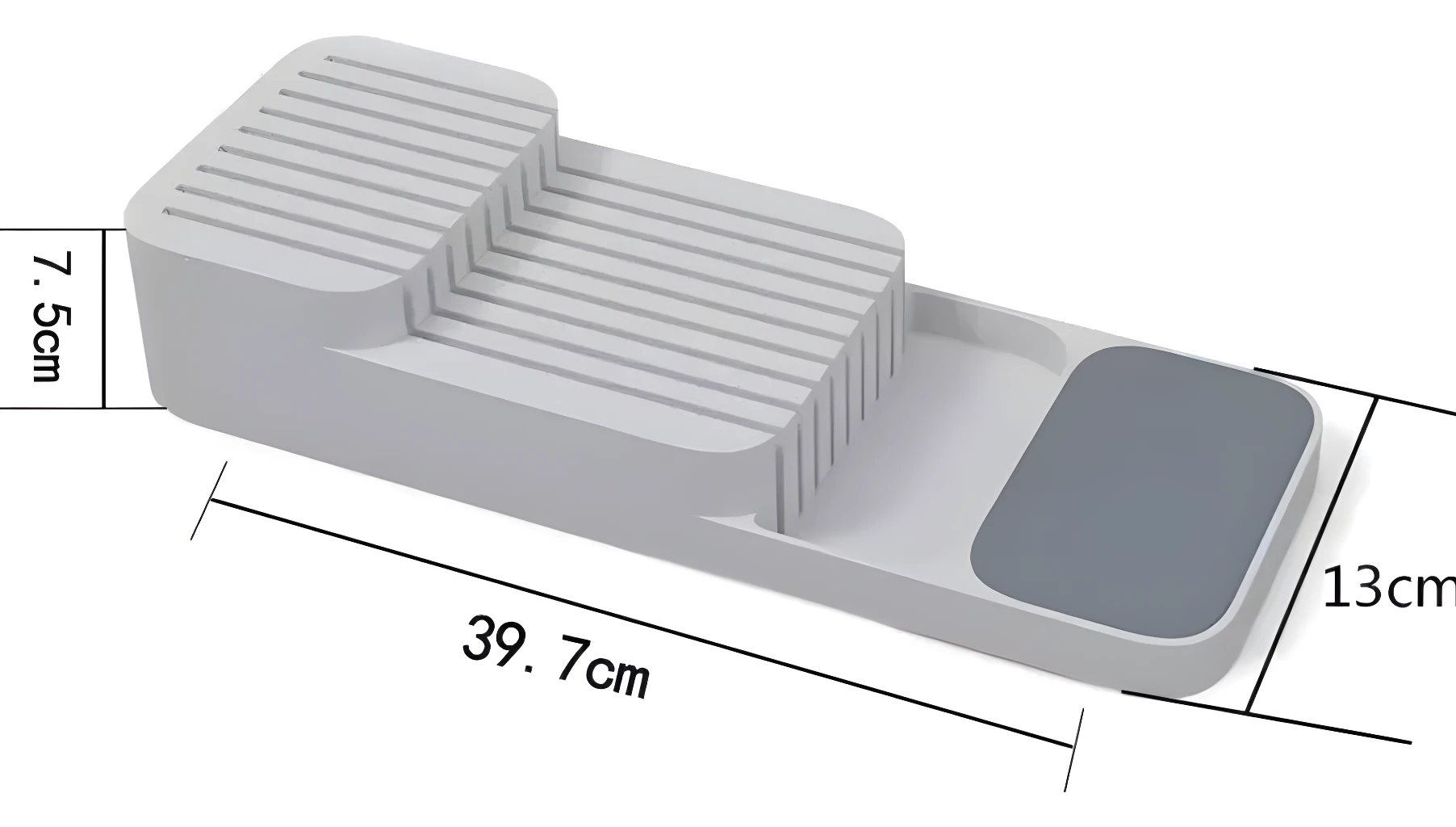 Organizador de cuchillos escalonado gris de 39.7cm x 13cm con ranuras y base antideslizante.