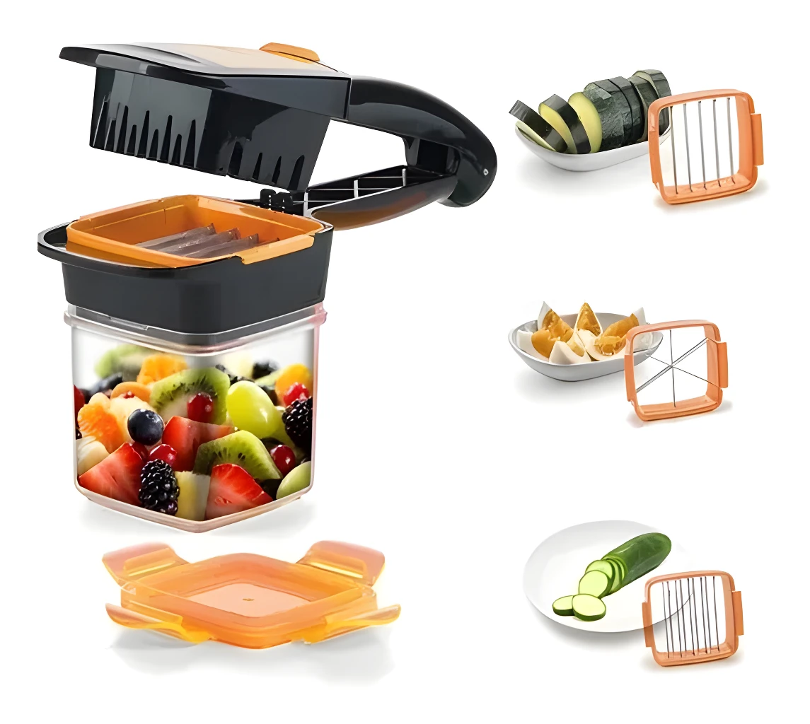 Picador 5 en 1 para frutas y verduras, con recipiente y cuchillas intercambiables.