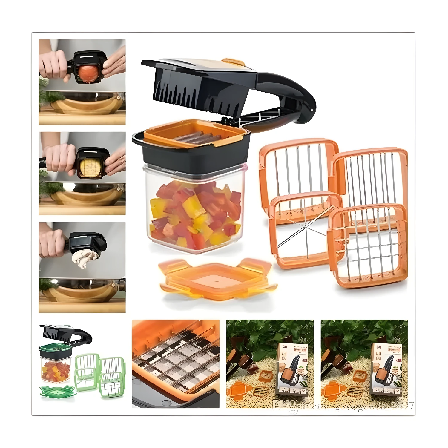 Picador 5 en 1 corta frutas y verduras en cubos, gajos y láminas.