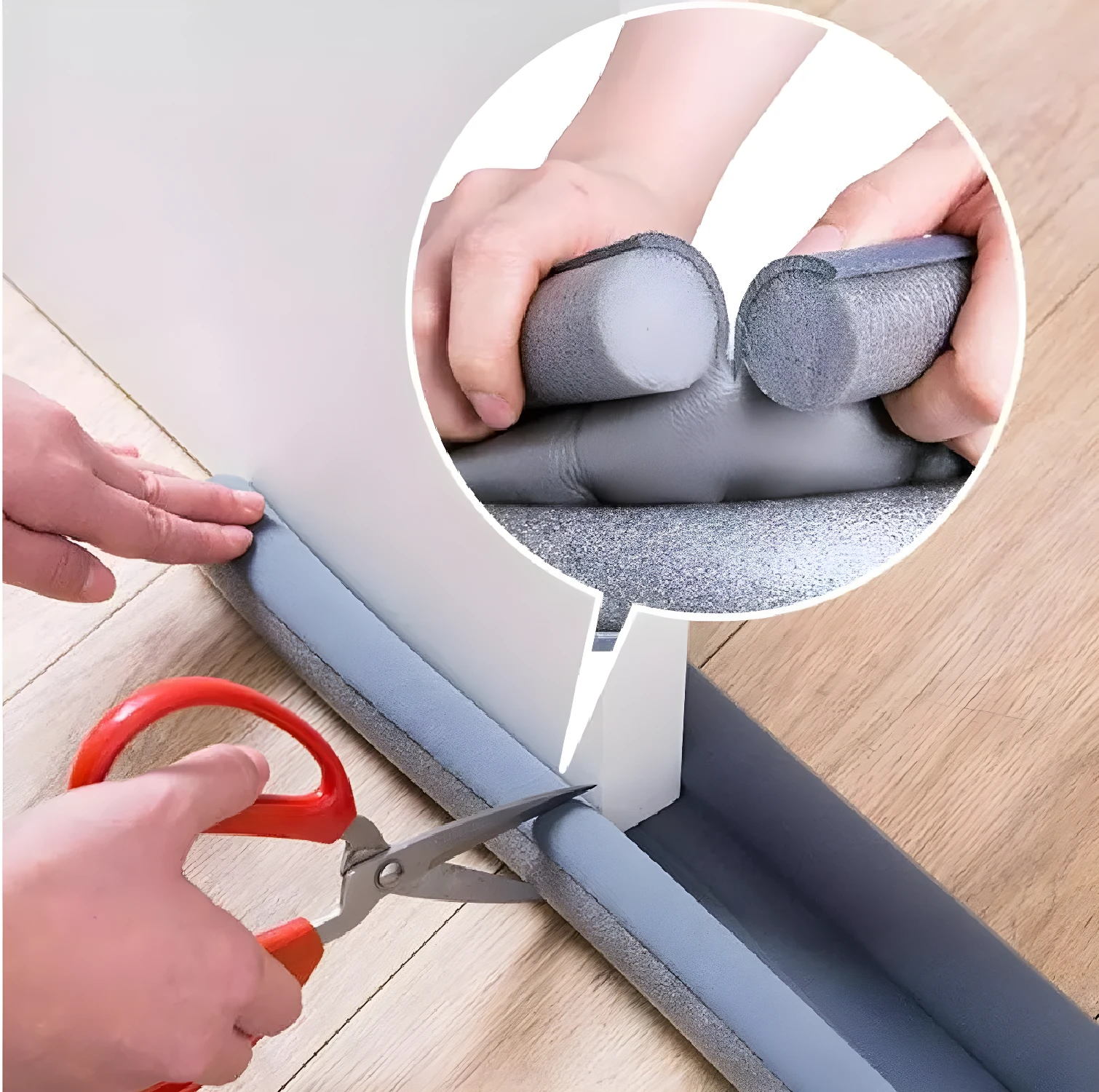 Tira de sellado para puerta con forma de espuma gris, cortada con tijeras rojas.