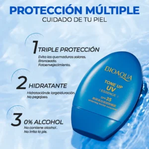 Protector solar Bioaqua SPF 35 aclarante, triple protección e hidratación sin alcohol.
