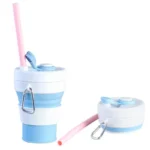 Set x2 Taza de café en silicona plegable, azul y blanco, con popote rosa.