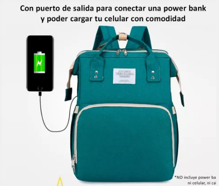 Bolso pañalera azul con puerto USB para cargar celular y cuna cambiador para bebé.