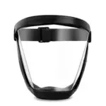 Mascarilla protectora facial transparente con banda ajustable negra.