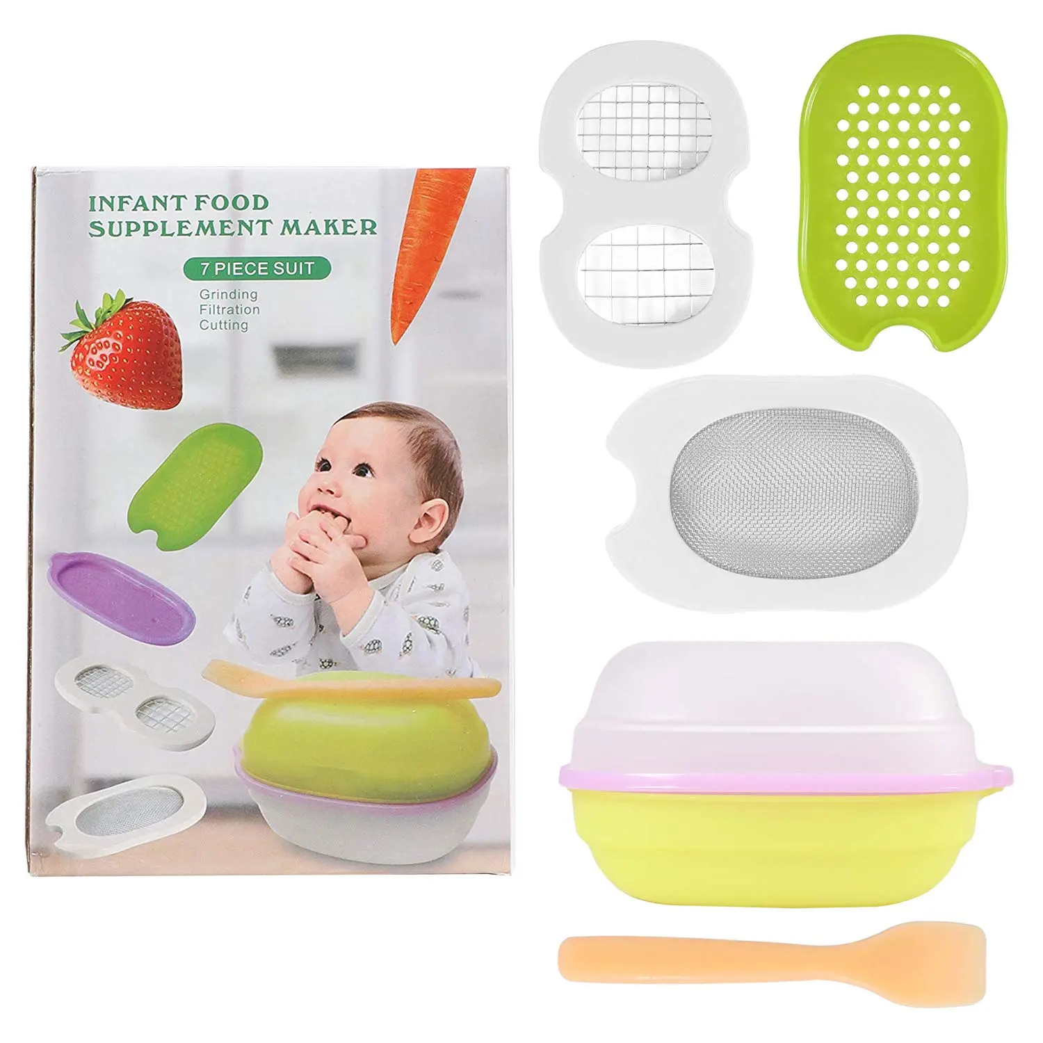 Juego de plato procesador de alimentos para bebés con fresa y zanahoria, 7 piezas.