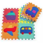 Tapete rompecabezas para bebé con diseños de tren, barco, avión y bus en vivos colores.