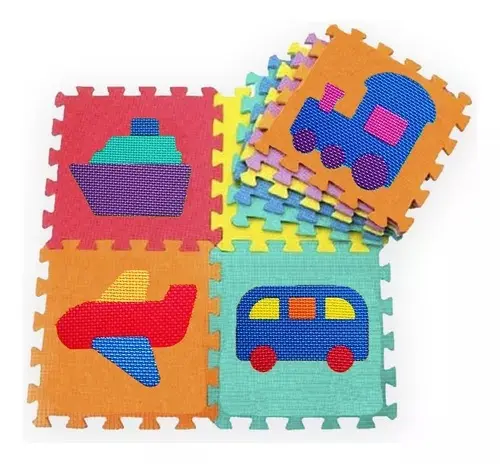 Tapete rompecabezas para bebé con diseños de tren, barco, avión y bus en vivos colores.