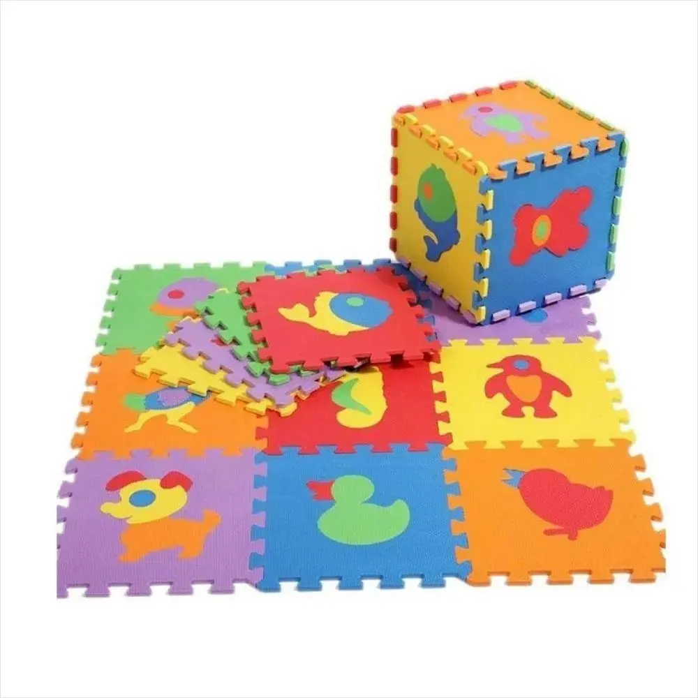 Tapete rompecabezas para bebé con figuras de animales coloridos, incluye cubo.