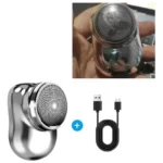 Mini afeitadora eléctrica portátil plateada, vista frontal, con cable de carga USB-C.