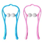 Masajeador cervical azul y rosado con rodillos para cuello.