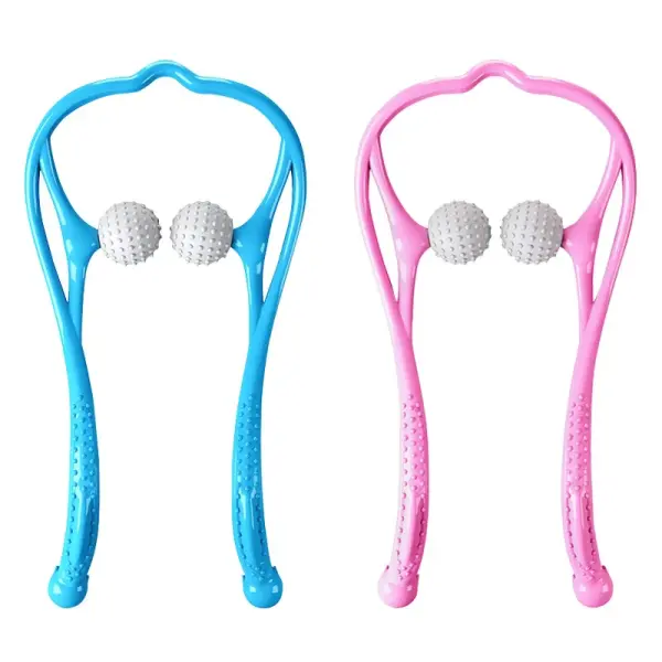 Masajeador cervical azul y rosado con rodillos para cuello.