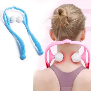 Masajeador cervical manual con rodillos blancos para aliviar tensión en cuello y hombros.