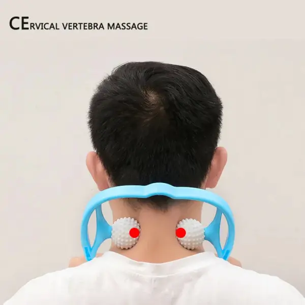 Masajeador cervical manual para cuello: alivia tensión en vértebras, 2 rodillos con puntos rojos.