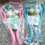 Masajeador cervical manual rosa y azul con bolas para aliviar tensión en cuello y espalda.