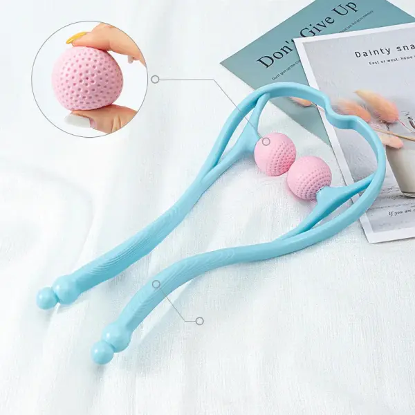 Masajeador cervical manual azul con rodillos rosas para aliviar tensión en cuello.