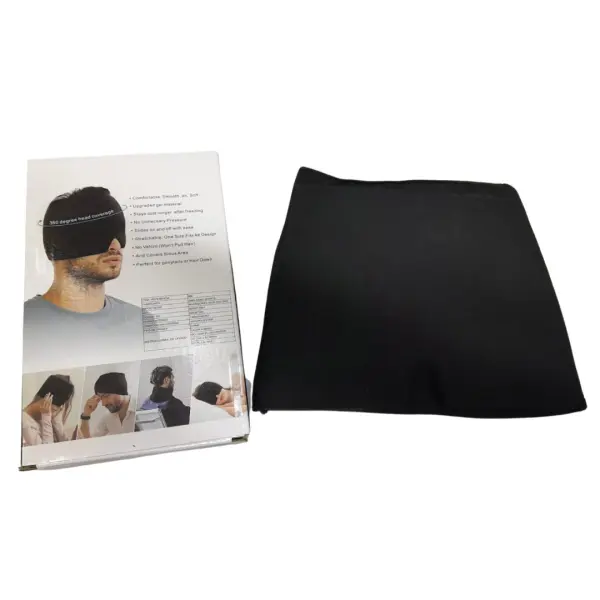 Gorro para migraña relajante negro con cobertura de 360 grados, ideal para alivio y confort.