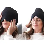 Gorro para migraña relajante para alivio del dolor de cabeza y ojos cerrados en reposo.