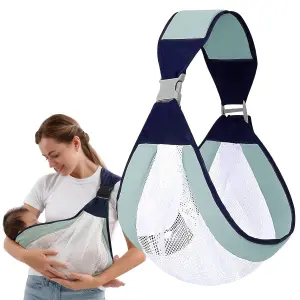 Fular para bebé con soporte, ideal para brazos libres, estilo ergonómico, azul y verde menta.