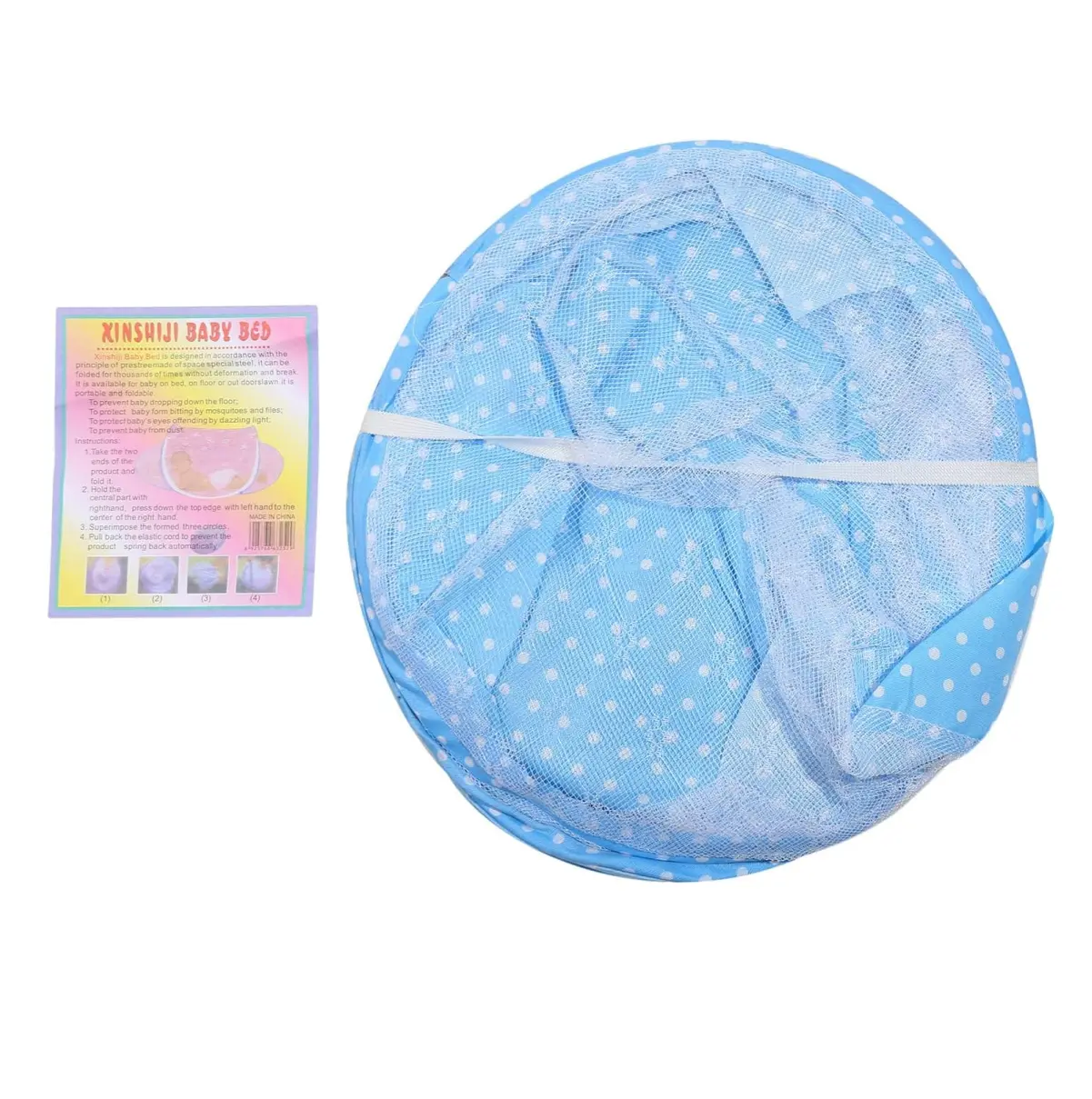 Mosquitero toldillo azul para bebé plegable con puntos blancos y red protectora.