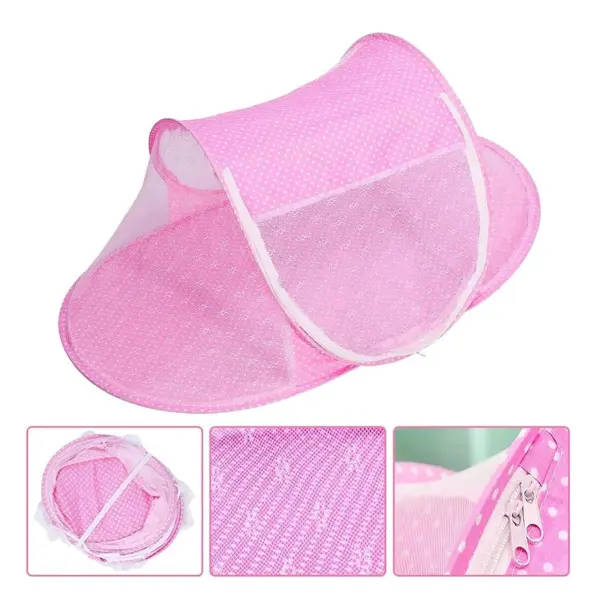 Mosquitero plegable para bebé, rosado con puntos blancos y cremallera, con malla.
