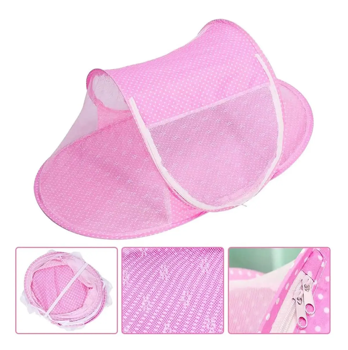 Mosquitero plegable para bebé, rosado con puntos blancos y cremallera, con malla.