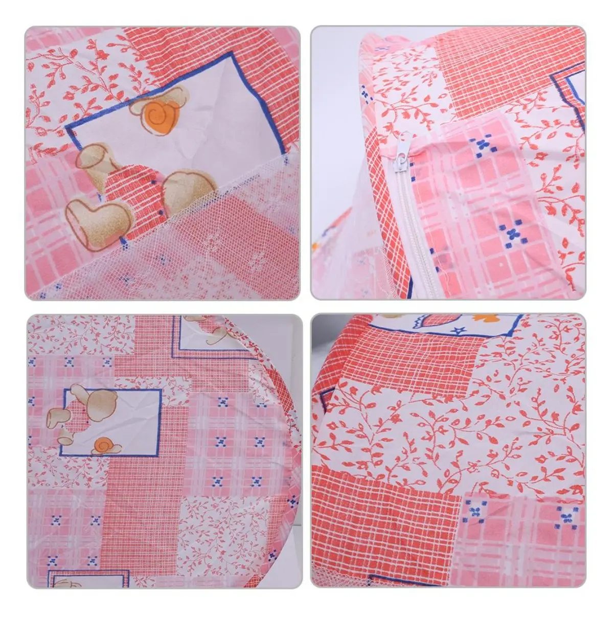 Mosquitero para bebé plegable con diseño de ositos y estampado floral en tonos rosas y blancos.