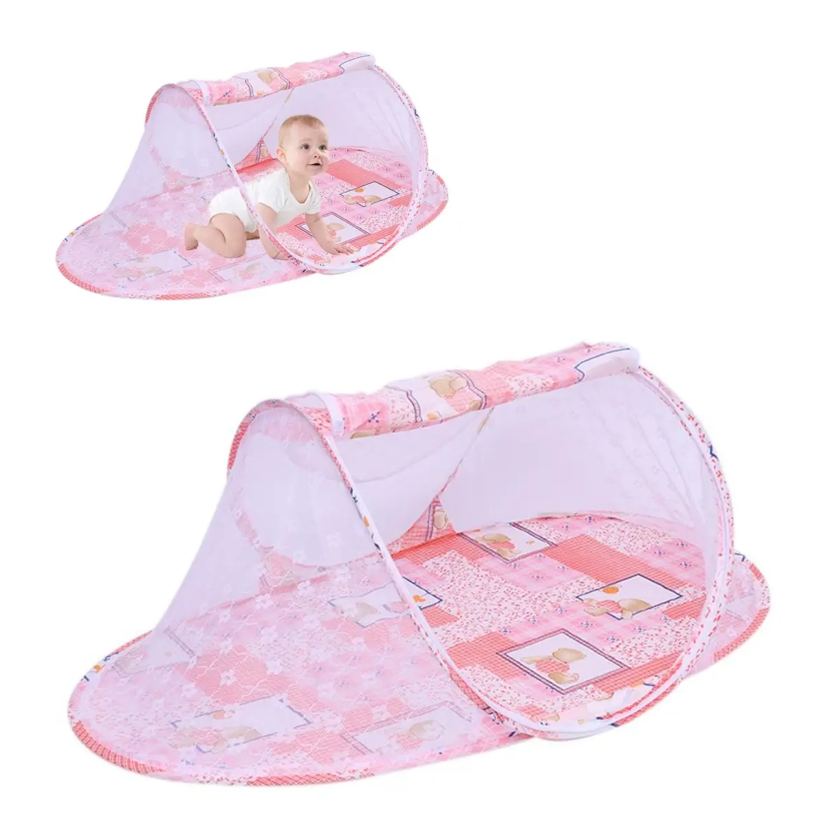 Mosquitero plegable para bebé con estampado rosa y un bebé gateando dentro.