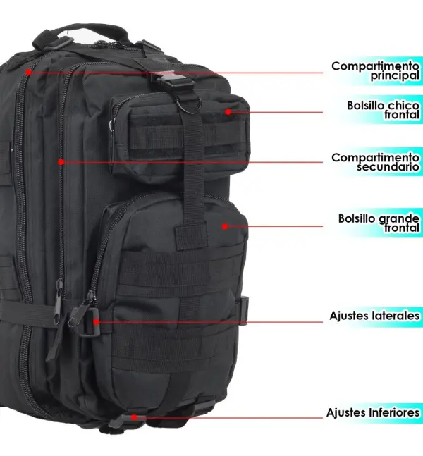 Bolso táctico deportivo negro con compartimentos y ajustes laterales y inferiores.