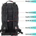 Bolso táctico deportivo con manija superior, tiras acolchadas y ajustes de pecho y cintura.