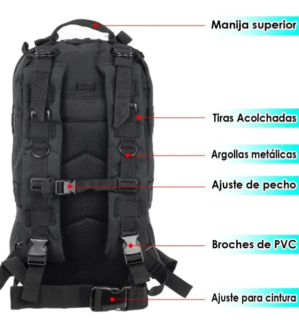 Bolso táctico deportivo con manija superior, tiras acolchadas y ajustes de pecho y cintura.