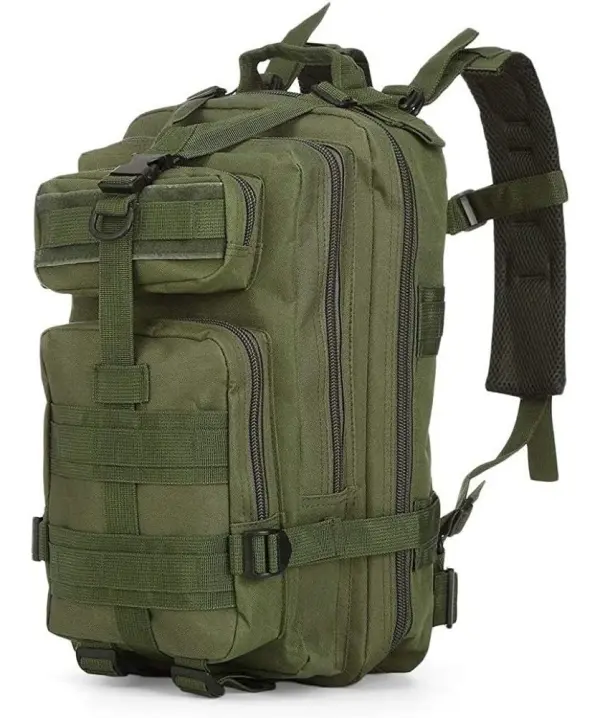 Bolso táctico deportivo verde militar con múltiples compartimentos y correas ajustables.
