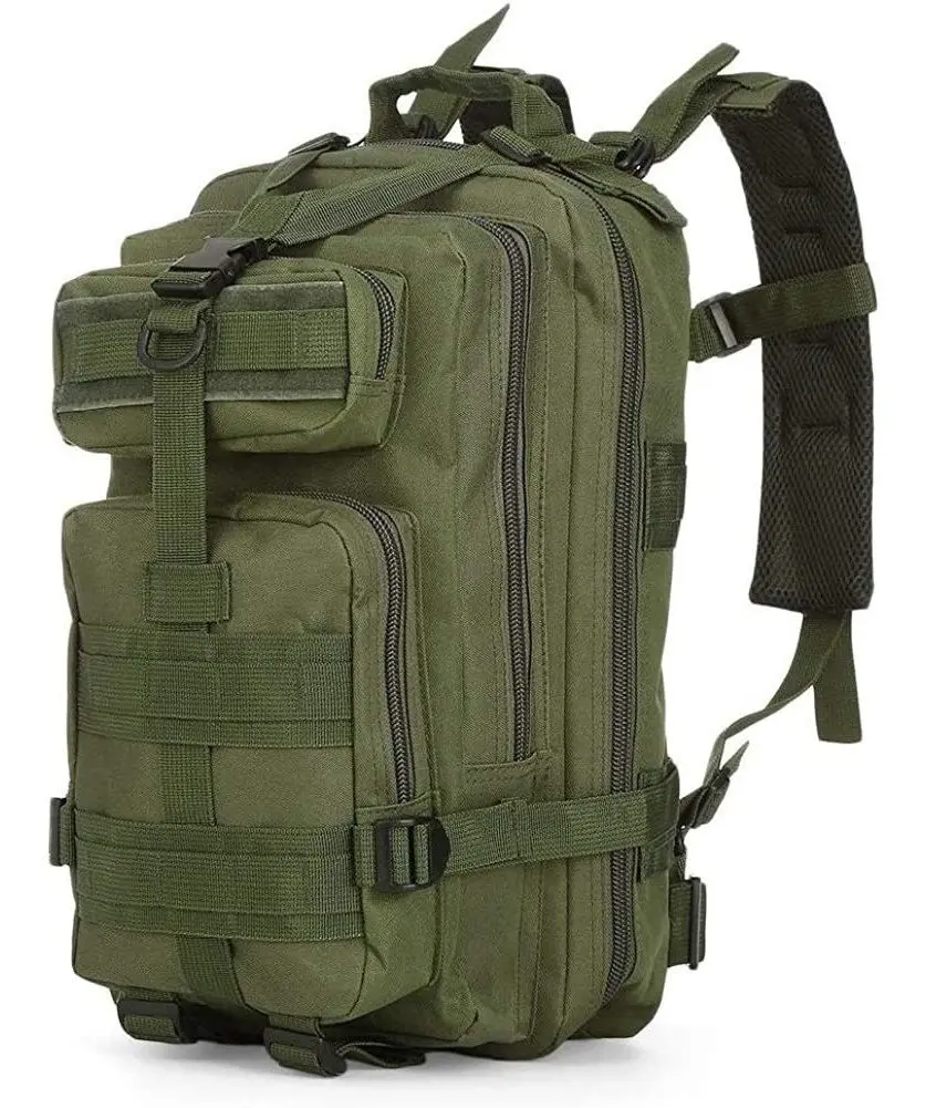 Bolso táctico deportivo verde militar con múltiples compartimentos y correas ajustables.