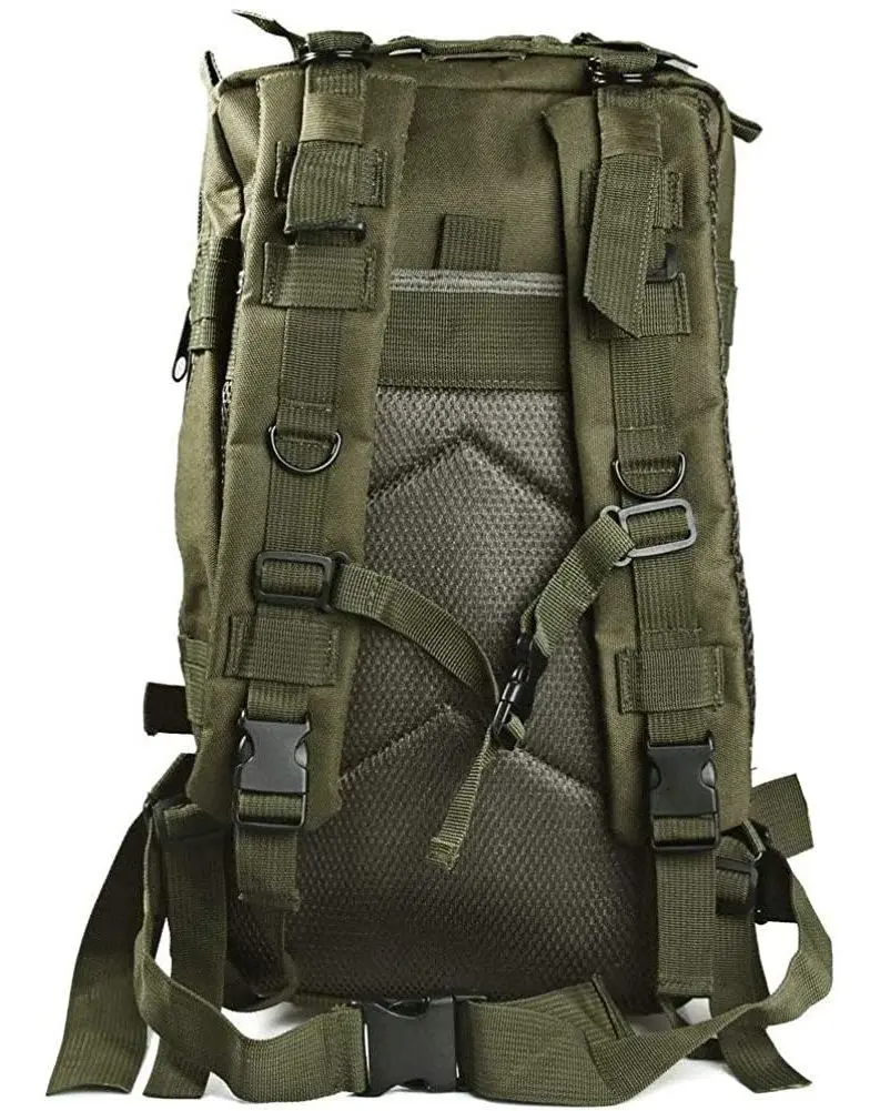Bolso táctico deportivo verde con correas de ajuste y hebillas negras, vista posterior.