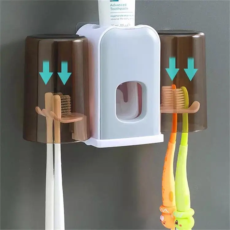 Soporte doble para cepillos de dientes con dispensador de pasta, diseño moderno y funcional.