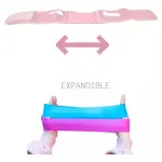 Faja facial reductor de papada expandible, mostrando ajuste en rosa y bandas elásticas en azul y rosa.
